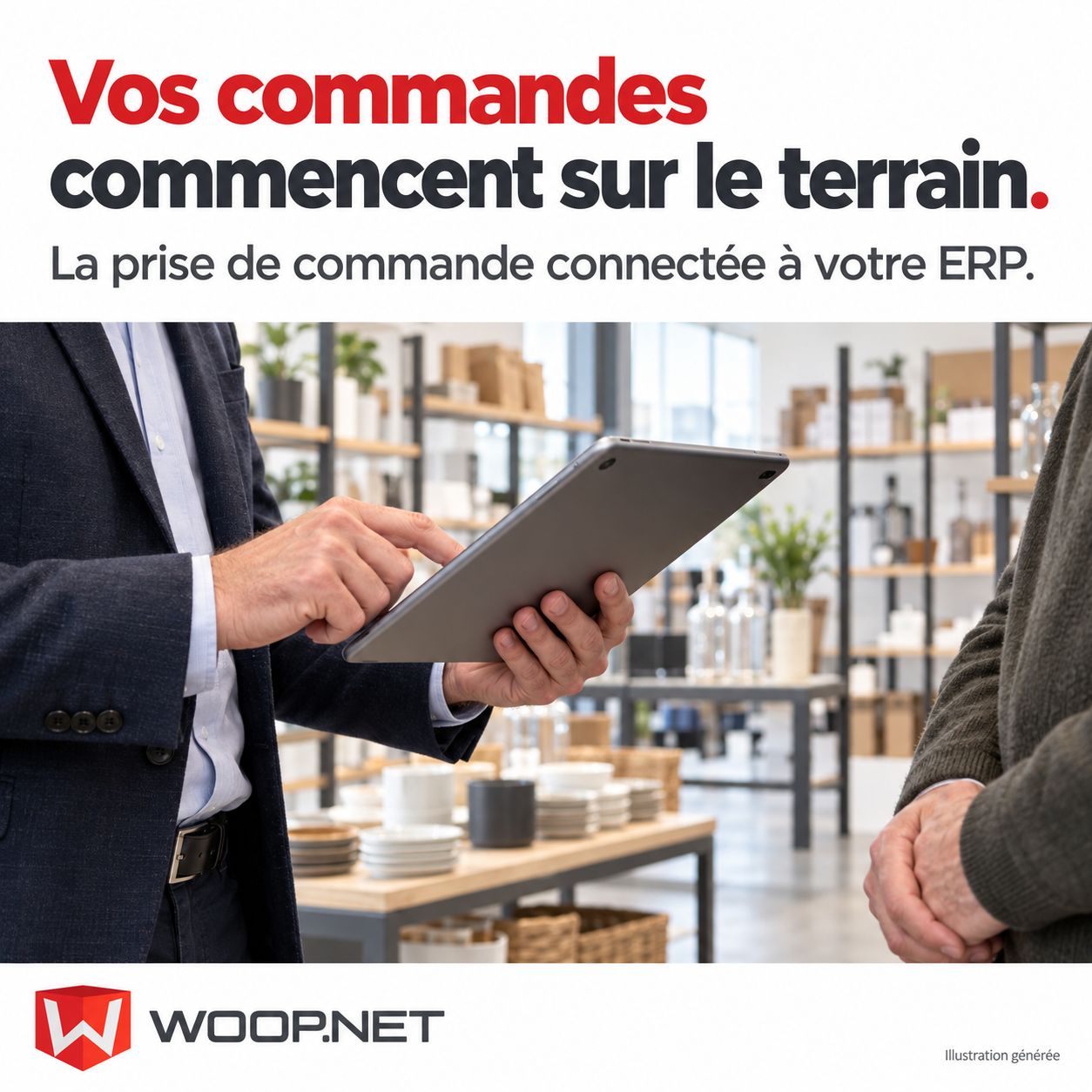 Illustration générée : lors d’une visite commerciale, une personne utilise une tablette face à un interlocuteur. Vos commandes commencent sur le terrain. La prise de commande connectée à votre ERP. Logo WOOP.NET.
