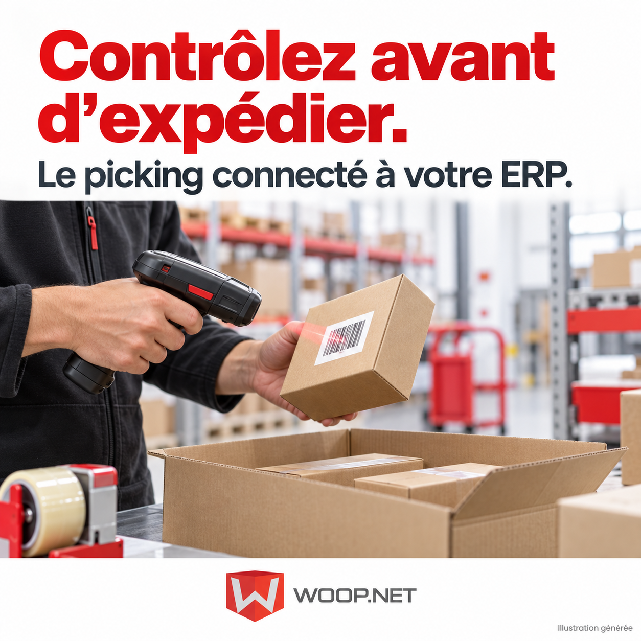 Illustration générée : un préparateur scanne un article avant de le placer dans un carton. Contrôlez avant d’expédier. Le picking connecté à votre ERP. Logo WOOP.NET.